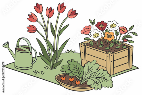 Vibrant Garden Scene with Tulips, Watering Can, and Blooming Flower Box
