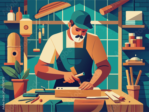 Skilled Artisan Crafting Woodwork in Sunlit Workshop: Handmade Artistry in Modern Craftsmanship