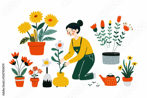 Woman Gardener Tending to Colorful Potted Flowers in Artful Illustration