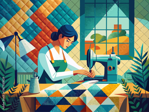Woman Quilting in a Cozy Sewing Room with Geometric Patterns and Vibrant Colors