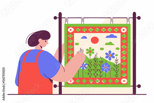 **Title:** "Colorful Floral Tapestry Weaving with Artisan in Red Apron - Creative Craft Illustration