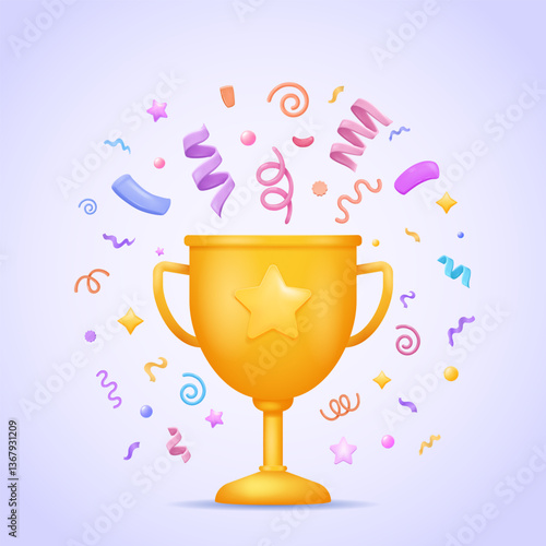 Golden Winner Trophy with Confetti. Celebration of Victory and Success. Award  in Competition. Vector 3d design concept. Three dimensional vector illustration for web, print, banner, landing page.