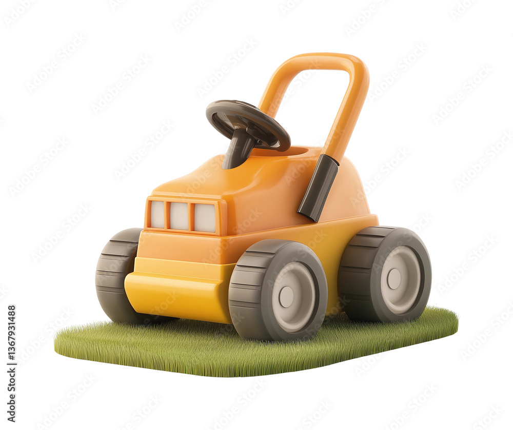Fototapeta premium A toy lawnmower sits on a patch of grass in a simulated setting PNG on Transparent Background