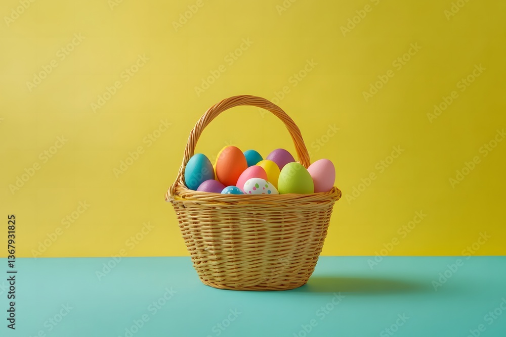 Naklejka premium Minimalist Easter basket filled with chocolate eggs and candy, bright and cheerful colors, festive composition