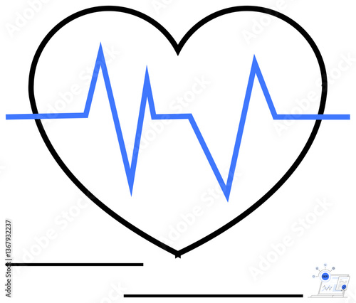 Black heart outline enclosing a blue electrocardiogram line. Ideal for health, wellness, fitness, cardiology, medical care, hospital services, technology. Flat simple metaphor