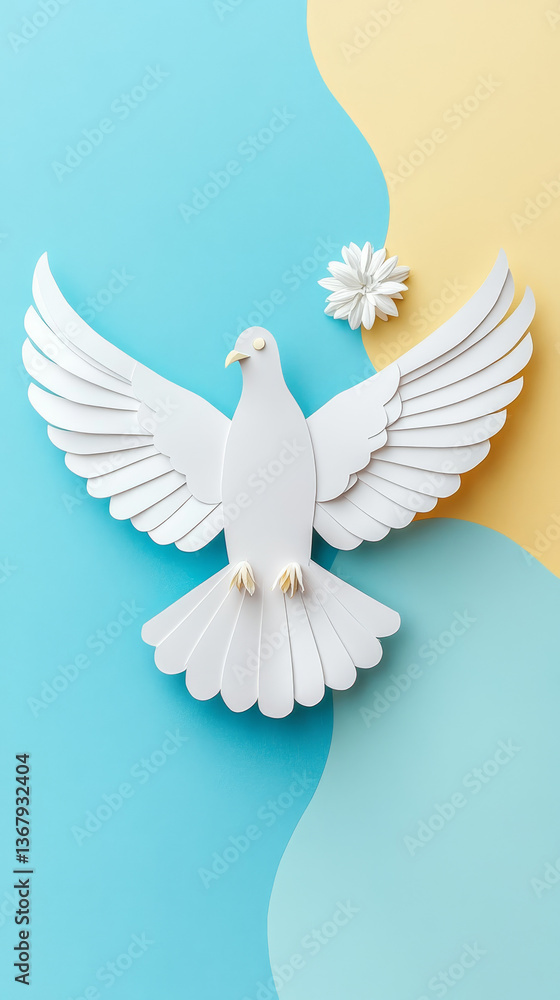 A white dove is flying over a blue background with a yellow border A white dove is flying over a blue background with a yellow border
