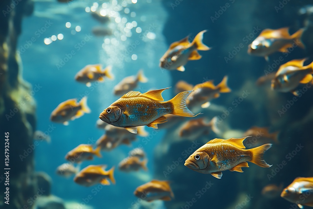 Naklejka premium A school of fish swimming together in perfect harmony, creating a fluid, synchronized pattern in the water