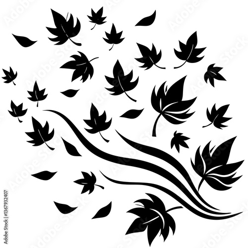 Line art vector silhouette of wind blowing through falling leaves