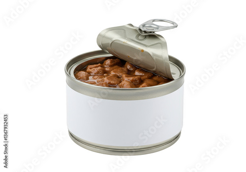 A silver metal can of cat food with a pull-tab opening isolated on transparent background