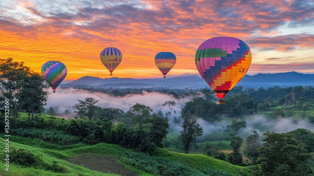 Fototapeta premium Colorful Hot Air Balloons Over Misty Mountains at Sunrise