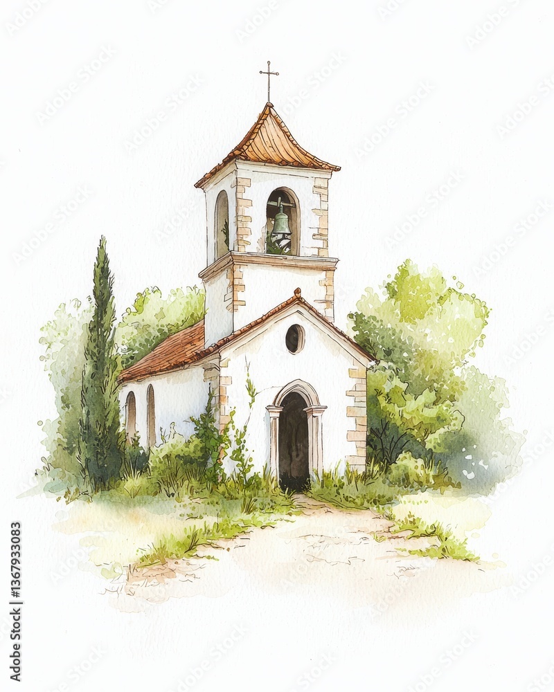 Naklejka premium Abandoned church surrounded by overgrown vegetation featuring a cross on the front in an eerie and gloomy landscape