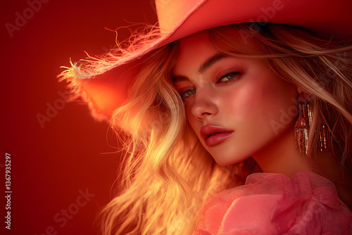 Wallpaper Mural Radiant Beauty: A stunning woman with flowing blond hair and striking features, adorned with a fashionable hat, radiating a captivating presence Torontodigital.ca