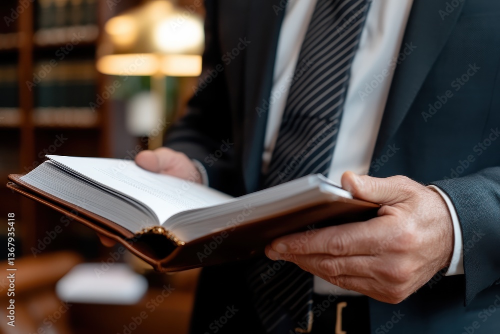 The image captures a businessman holding an open book, examining legal text in a well-organized library, reflecting dedication and professionalism in law. The image captures a businessman holding an open book, examining legal text in a well-organized library, reflecting dedication and professionalism in law.