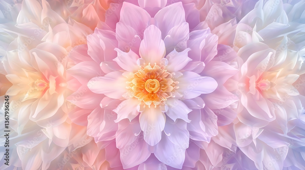 Fototapeta premium Exquisite floral mandala pattern showcasing intricate and detailed lotus and peony designs radiating outward in a layout The soft pastel colors create a serene spiritual and harmonious aesthetic