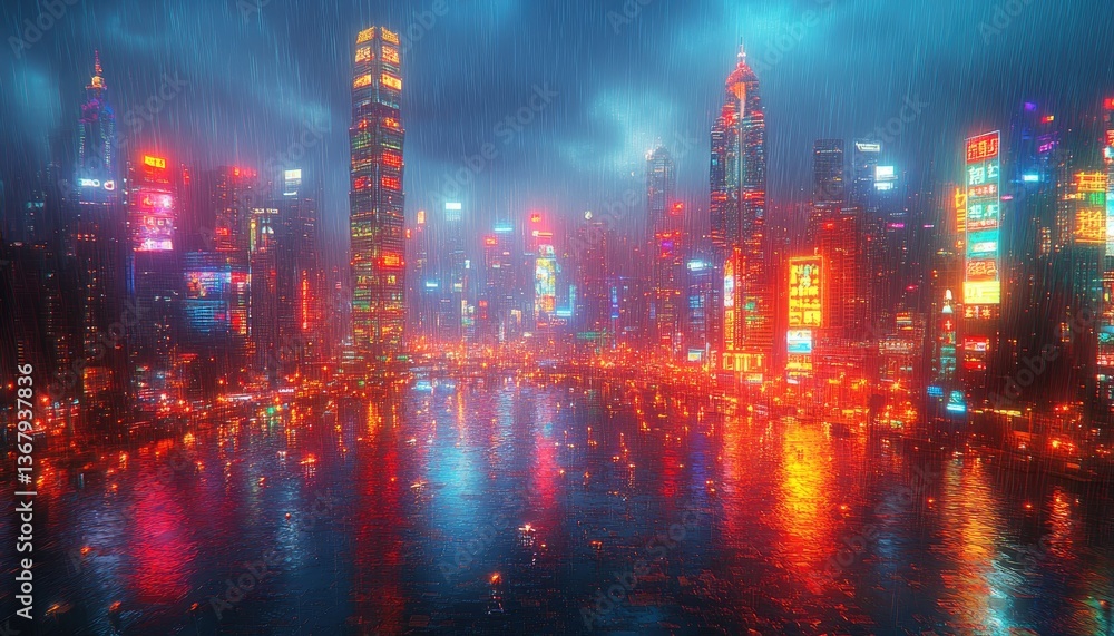 Fototapeta premium Illuminated skyscrapers and city lights reflected in a rainy harbor