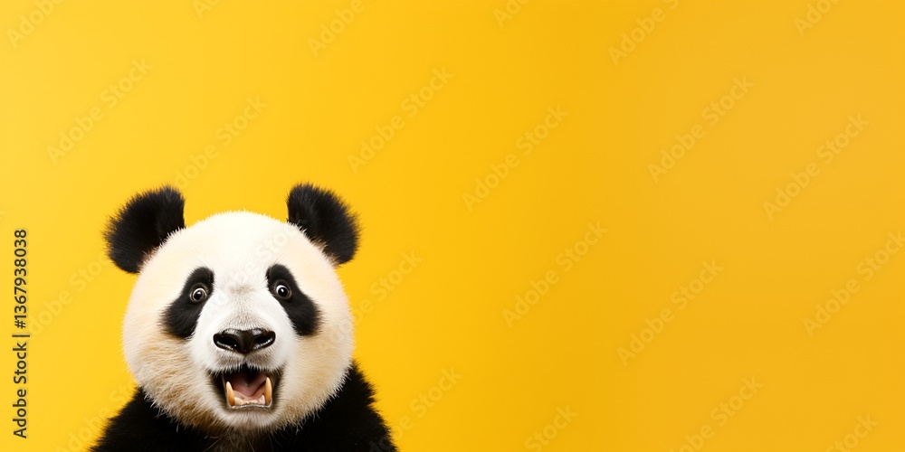 Close-up portrait of a surprised panda on a yellow background with copy space, highly detailed and realistic photography, suitable for a banner design. bokeh background Close-up portrait of a surprised panda on a yellow background with copy space, highly detailed and realistic photography, suitable for a banner design. bokeh background
