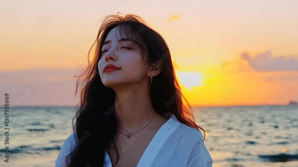 Serene woman enjoying a sunset by the ocean, with gentle waves and a colorful sky behind her Serene woman enjoying a sunset by the ocean, with gentle waves and a colorful sky behind her