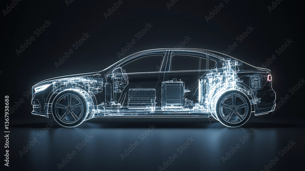 A line art 3D illustration displays a modern electric car chassis x-ray, revealing the vehicle battery in a studio environment A line art 3D illustration displays a modern electric car chassis x-ray, revealing the vehicle battery in a studio environment