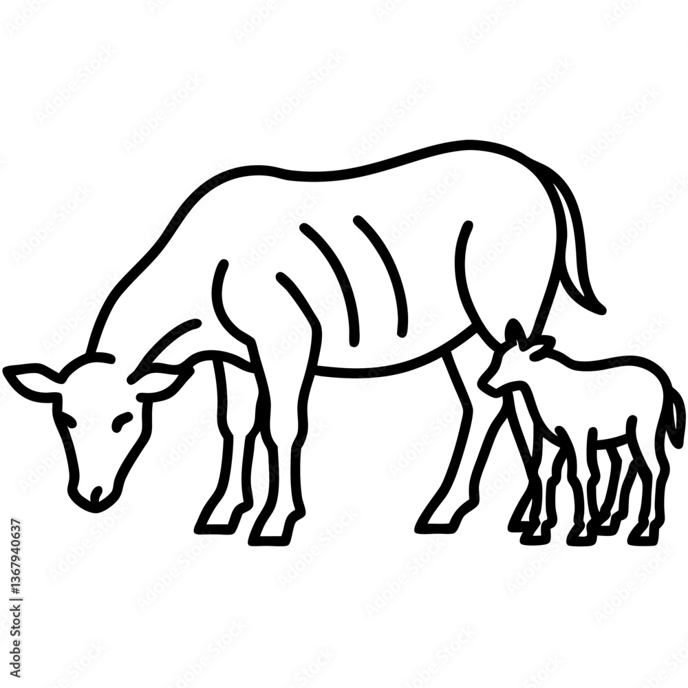 Line art vector silhouette of a cow and a small cow grazing in a field Line art vector silhouette of a cow and a small cow grazing in a field