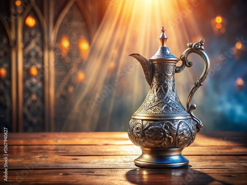 Panoramic View of a Silver Holy Water Jug on a Rustic Table