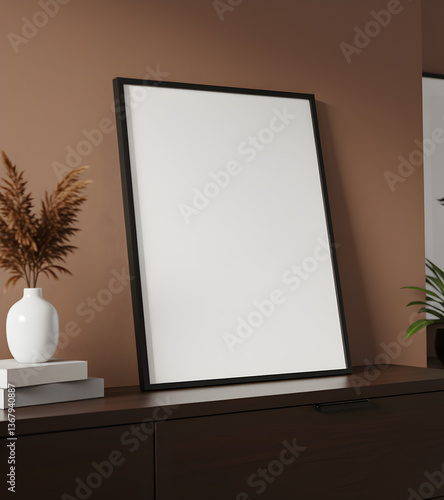 Minimalist interior mockup with blank frame. Empty frame wall poster mockup. Interior mockup with modern design. Contemporary interior scene