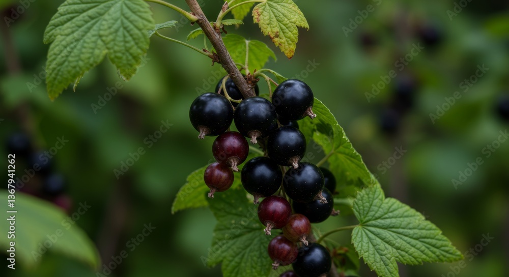 Abundant blackcurrant harvest on the branch, surrounded by lush green foliage Abundant blackcurrant harvest on the branch, surrounded by lush green foliage