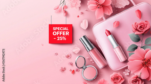 Cosmetic flat lay with flowers and special offer sign promoting beauty products