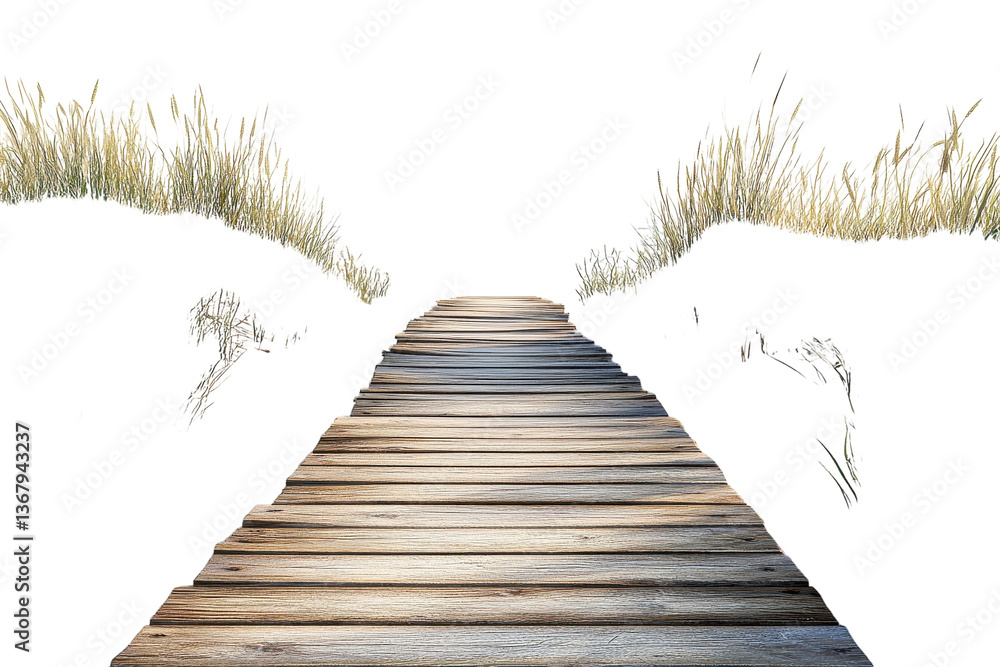 Fototapeta premium A weathered wooden boardwalk beckons, leading towards a sun-drenched horizon framed by tall beach grasses, suggesting a journey of peaceful solitude.