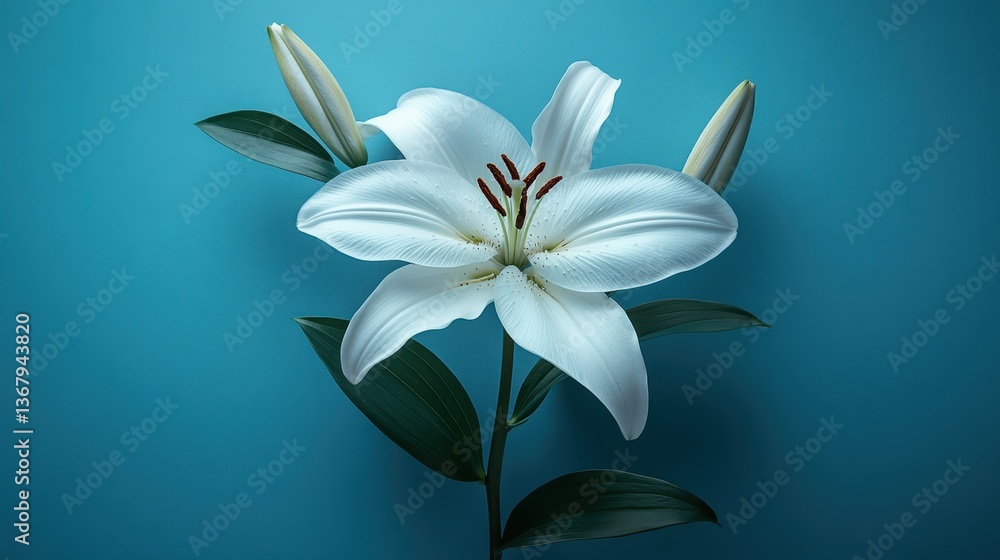White lily flower on blue background, elegant floral design, beauty, purity White lily flower on blue background, elegant floral design, beauty, purity