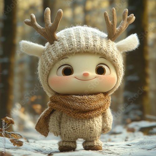 Adorable Knitted Reindeer Character in Winter Wonderland
