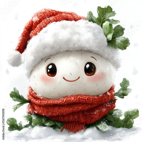 Adorable Turnip Character in Santa Hat and Scarf for Christmas