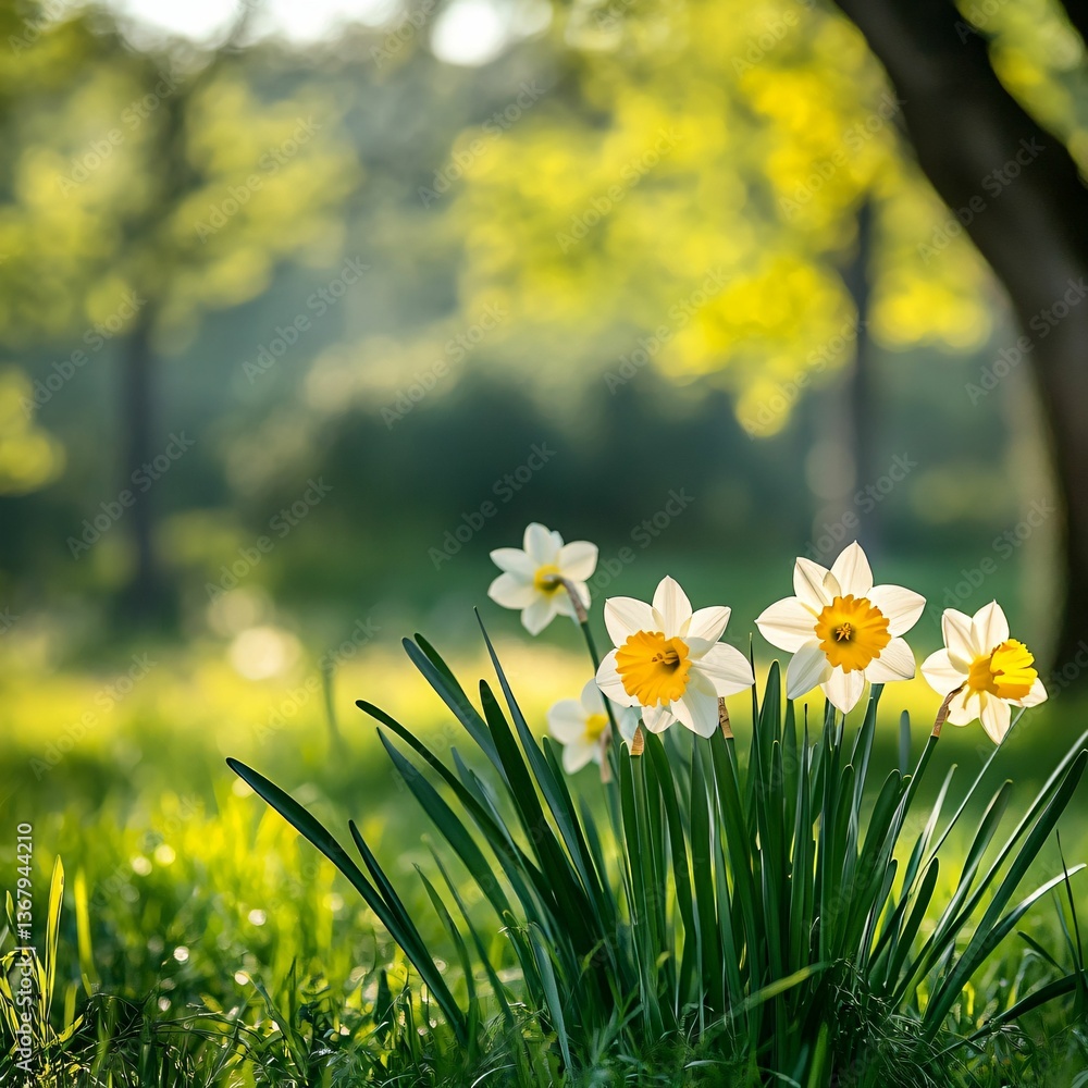 Obraz premium Beautiful Daffodils Blooms in Illuminated Spring Meadow Landscape