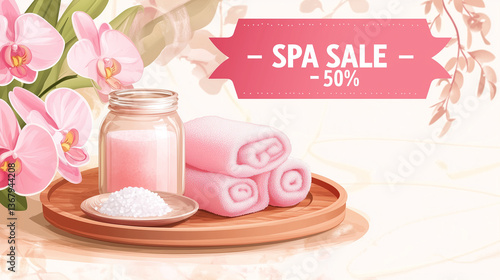 Serene spa setting with towels and spa salt promoting 50% sale on wellness services