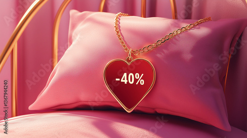 Heart-shaped pendant on pink pillow with -40% discount tag promoting jewelry sale