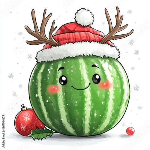 Cute Cartoon Watermelon Wearing Santa Hat and Reindeer Antlers for Christmas