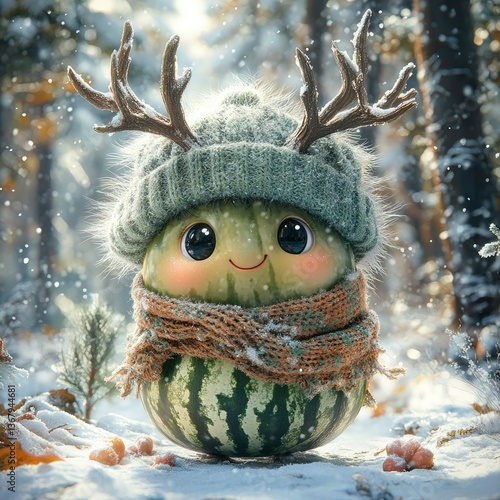 Adorable Watermelon Character in Winter Wonderland