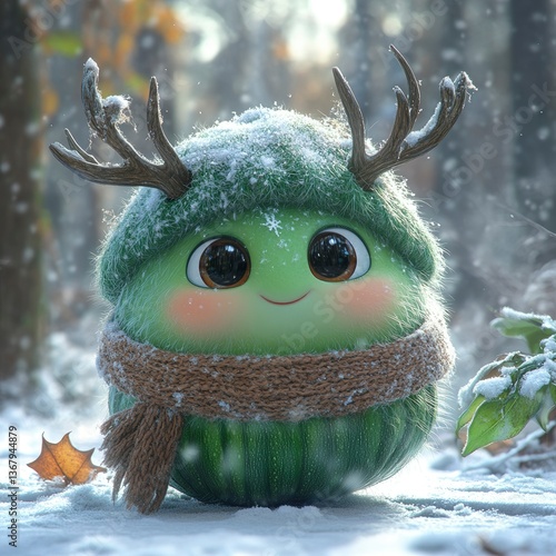 Adorable Green Winter Creature with Antlers in Snowy Forest