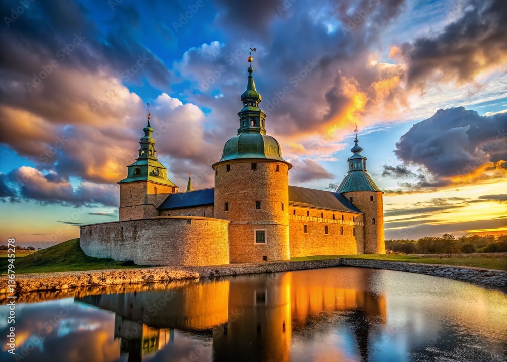 Panoramic View of Kalmar Castle's Majestic Main Tower at Sunset