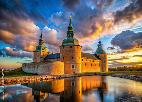 Obraz na płótnie Panoramic View of Kalmar Castle's Majestic Main Tower at Sunset w salonie