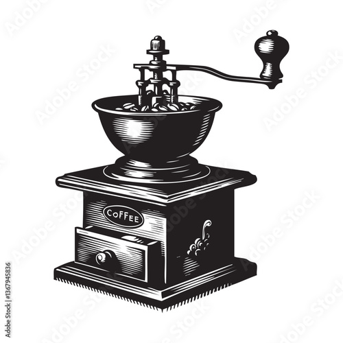 Old coffee grinder. Vector drawing on a white background.
