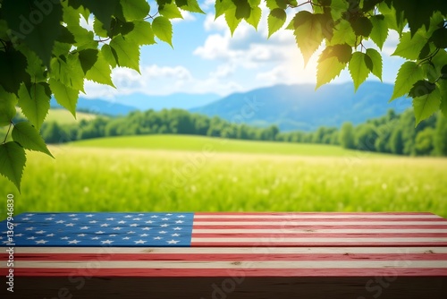 american flag on a wooden table in front of a green field