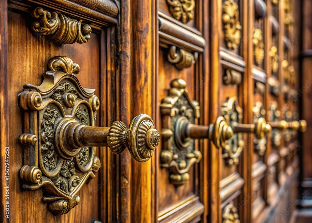 Panoramic View of Ornate Brass Door Handles and Escutcheons Panoramic View of Ornate Brass Door Handles and Escutcheons