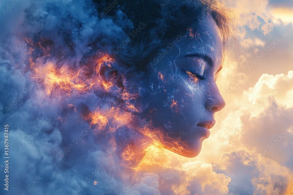 Exploring Remote Access and Collaboration Through Dynamic AI-generated Artwork Showcasing a Serene Face Amidst Vibrant Clouds at Sunset Exploring Remote Access and Collaboration Through Dynamic AI-generated Artwork Showcasing a Serene Face Amidst Vibrant Clouds at Sunset