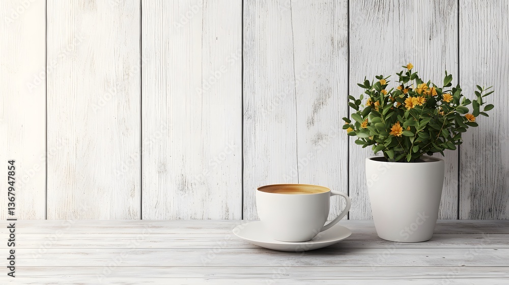 Fototapeta premium Relaxing coffee moment cozy kitchen still life image bright environment close-up view serenity concept for home decor