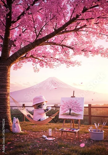 A cat drawing a picture of a cherry blossom tree in a place with cherry blossom trees in full bloom　満開の桜の木の場所で桜の木の絵を描く猫