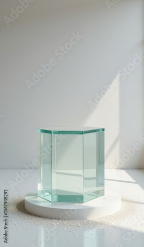 "Glowing Glass Pedestal with Glitter Clouds in Bright Studio Lighting for Placement Product"