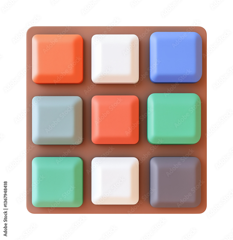Nine colorful square shapes arranged in a 3x3 grid on a brown surface PNG on Transparent Background Nine colorful square shapes arranged in a 3x3 grid on a brown surface PNG on Transparent Background