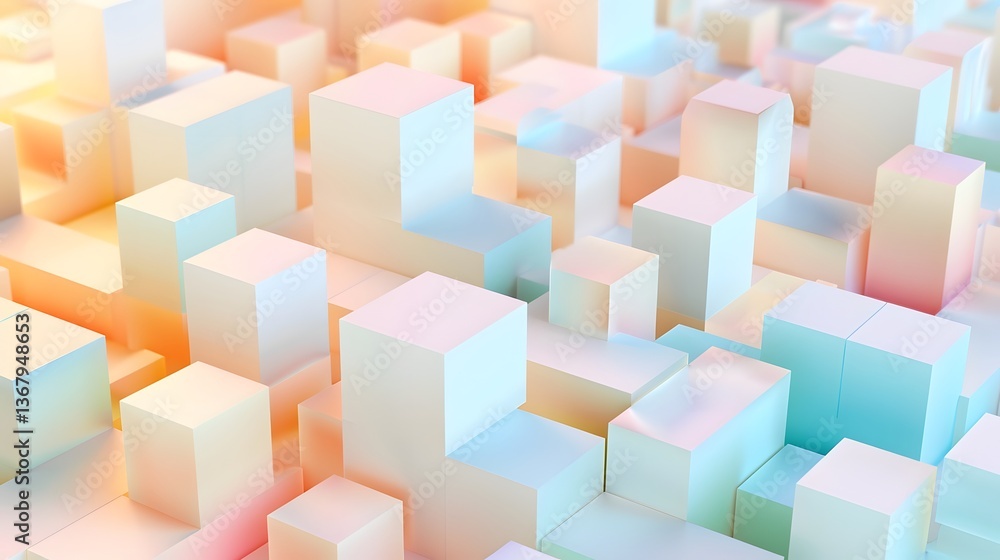Fototapeta premium Mesmerizing Pastel Cube Pattern with Subtle 3D Illusion Futuristic Yet Soft Aesthetic Captivating digital artwork featuring a dreamlike arrangement of geometric cubes in a pastel color palette