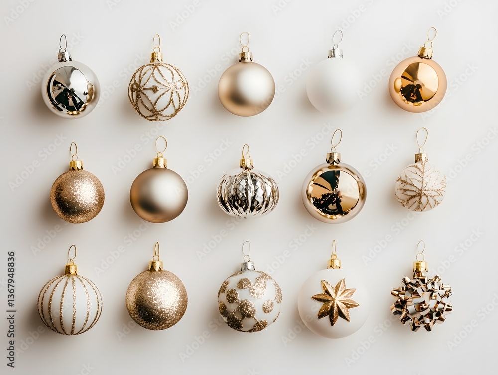Fototapeta premium Meticulously arranged collection of various elegant Christmas ball ornaments in gold silver and white colors against a neutral background showcasing the beautiful textures reflections