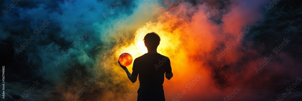 Naklejka premium Silhouetted figure holds glowing orb in colorful clouds.